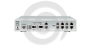 Multiplexer-switch for Ethernet and E1 streams . Has 2 SFP ports, 2 Ethernet ports RJ45, 8 E1 ports RJ45 and 2 USB ports. photo